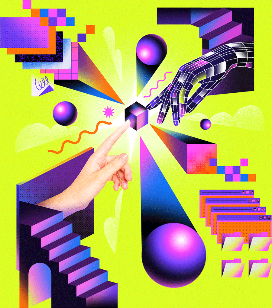 Section 3: Illustration of a chaotic system resolving. Human and robot hand touch at a cube.