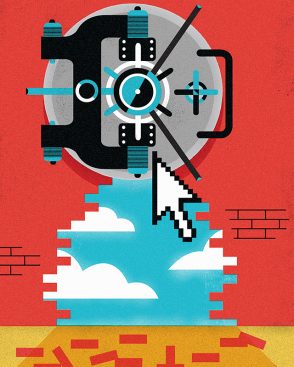bankless-banks-MAG-2018 Computer mouse appears to click on vault that is breaking through a brick wall.