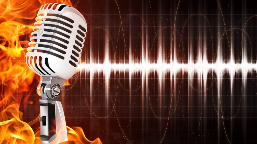 Old Microphone on Fire Background. Computer Graphics.