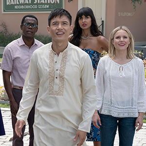 Photo of The Cast of The Good Place: Kristen Bell, Ted Danson, D’Arcy Carden, William Jackson Harper, Manny Jacinto, Jameela Jamil