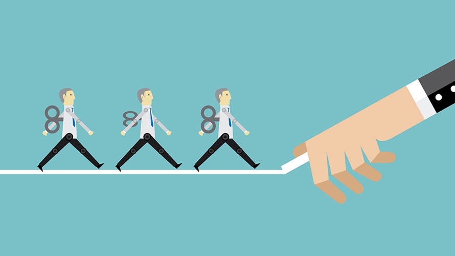 Brands-Using-AI-to-Improve-Personalization-content-2019 A hand draws a straight line with chalk; on the line march three men with winds sticking out of their back