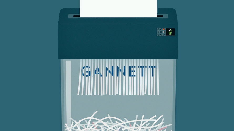 gannett-aquisition-offer-content-2019 A paper shredder shows a piece of paper with the word GANNETT being shredded