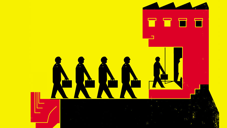 ai-bias-talent-recruitment-content-2019 A group of people walk into a office with their briefcases in hand