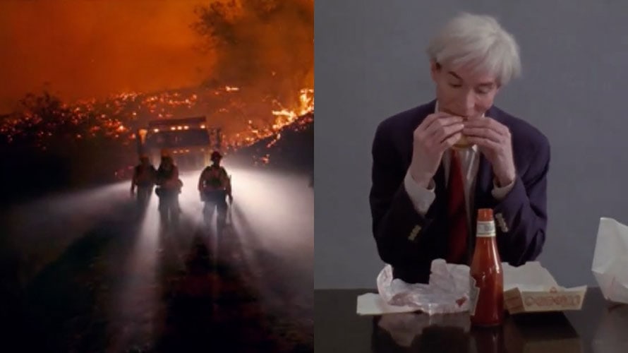 data-best-worst-superbowl-ads-content-2019 two images side by side; the image on the right is Andy Warhol eating Burger King; the image on the left is firefighters putting out a fire