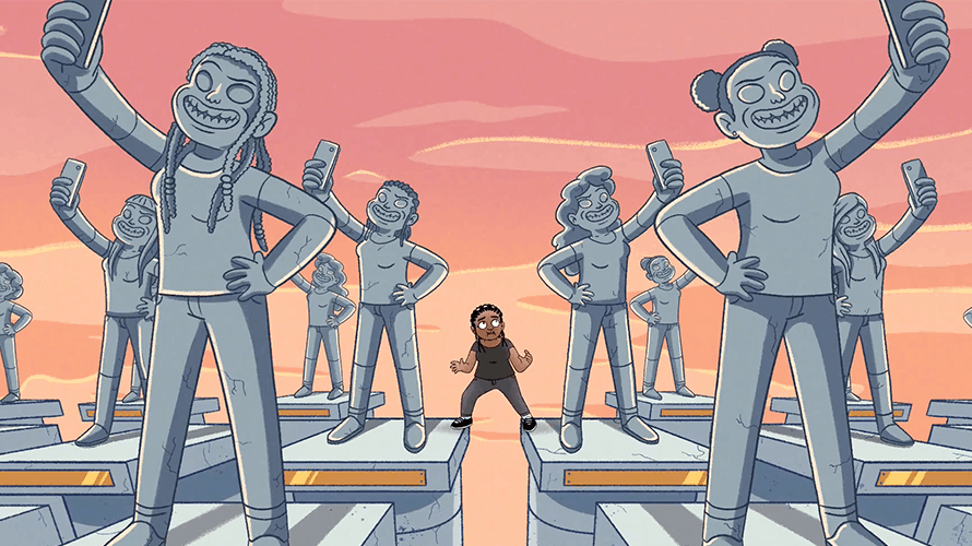 dove-cartoon-network-content-2019 Statues of people are seen taking selfies; a little girl stands amongst the statues frightened