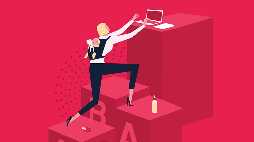 juggling-motherhood-content-2019 red background; A woman climbs different steps; on the top step is a computer; a woman is climbing the steps; on one step is a bottle and a pacifier