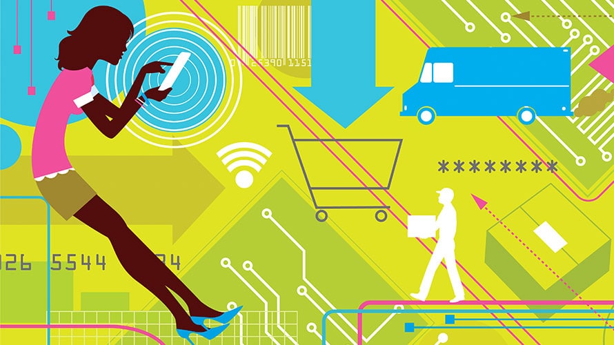 post-purchase-ecomm-journey-content-2019 a woman ordering things online and the image showing what happens next