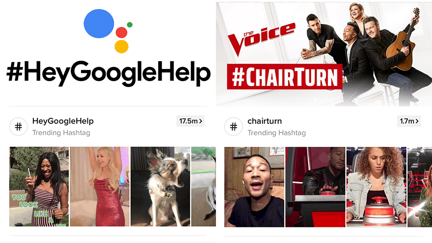 tiktok-branding-content-2019 there is an image that says #GoogleHelp with images from TikTok below; also there is #chairturn with TikTok images under that