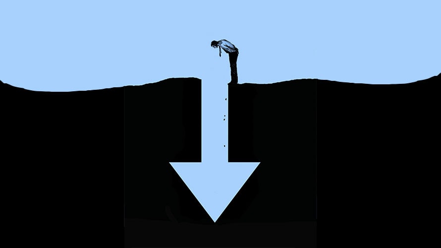 ad-tech-recession-content-2019 an arrow is carved out of the ground; standing at the top of the arrow a man looks down; careful not to fall in the man stands a bit further back from the arrow
