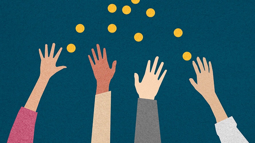 diversity-creates-wealth-content-2019 Four hands in the air; reaching for what appears to be gold coins; the background is blue