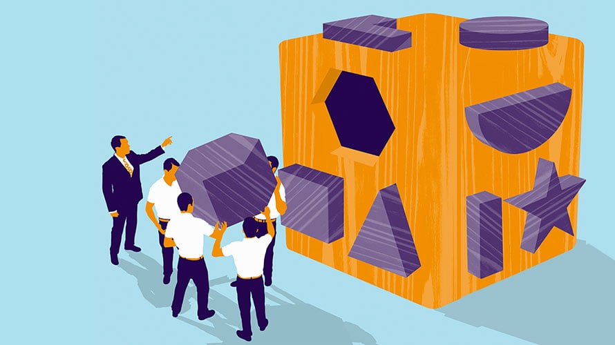 komari-social-strategy-content-2019 A orange cube is in the middle of the screen; the cube has different purple shapes sticking out of it; a group of people work to fit the last shape into the cube