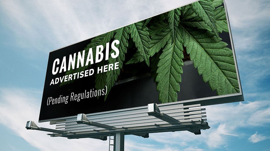 marketing-cannabis-content-2019 A billboard; on the billboard there is a sign that says Cannabis Advertising Here