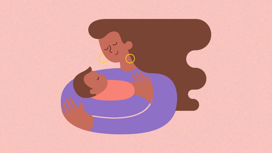 marketing-to-mothers-content-2019 pink background; in the middle is a mother cradling her newborn baby