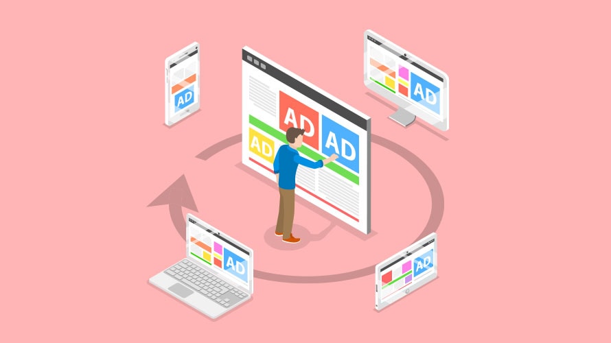 programmatic-ad-confusion-content-2019 pink background; a man is surrounded by a laptop, desktop, phone, and tablet; in the middle he is fiddling with a web-browser filled with ADs