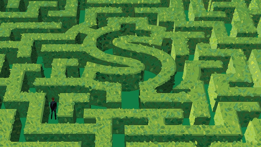 programmatic-walled-garden-content-2019 walled green garden made of hedges; the green hedges are cut to depict a dollar sign in the middle