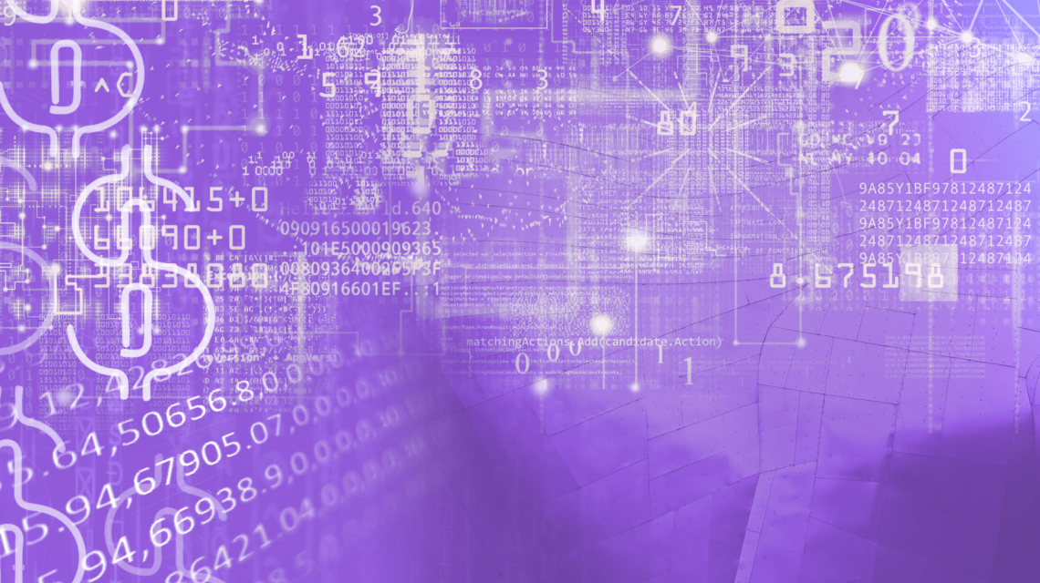 voice-financial-earnings-content-purp Purple background with thin white lines and numbers intersecting throughout.