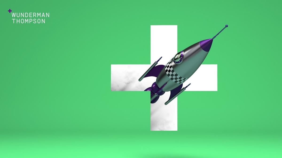 wunderman-thompson-seattle-CONTENT-2019 Green background with Wunderman Thompson white "plus" logo and spaceship