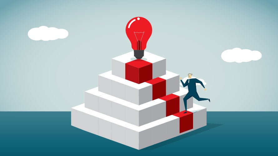 4-steps-to-create-DTC-Brand-content-2019 a rectangular staircase; at one end is a red carpet leading to a red lightbulb at the top; a man runs up the stairs to the light