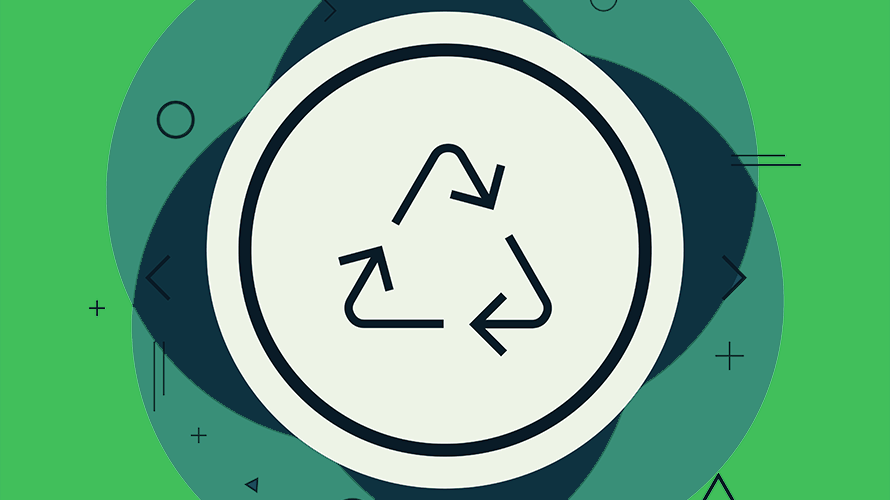 eco-friendly-product-content-2019 background is various shades of green; in the middle is a white circle; inside the circle is the eco friendly, reduce-reuse-recycle sign