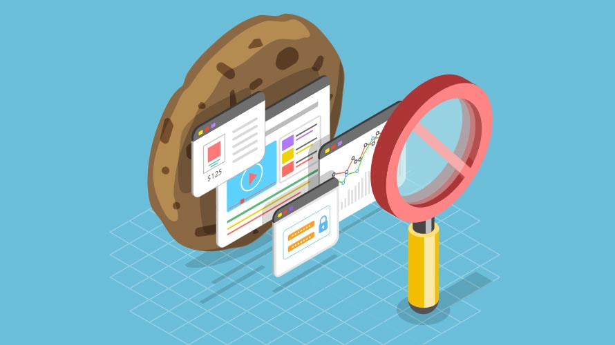 google-chrome-cookie-blocker-content-2019 Blue background; To the left there is a cookie; on the cookie are four webpages; positioned at the cookie is a red magnifying glass