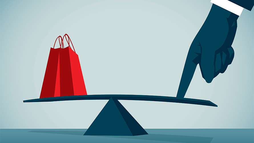 shopping-bias-content-2019 There is a scale; on one side is a shopping bag; the other side is a giant hand with an extended finger evening out the scale