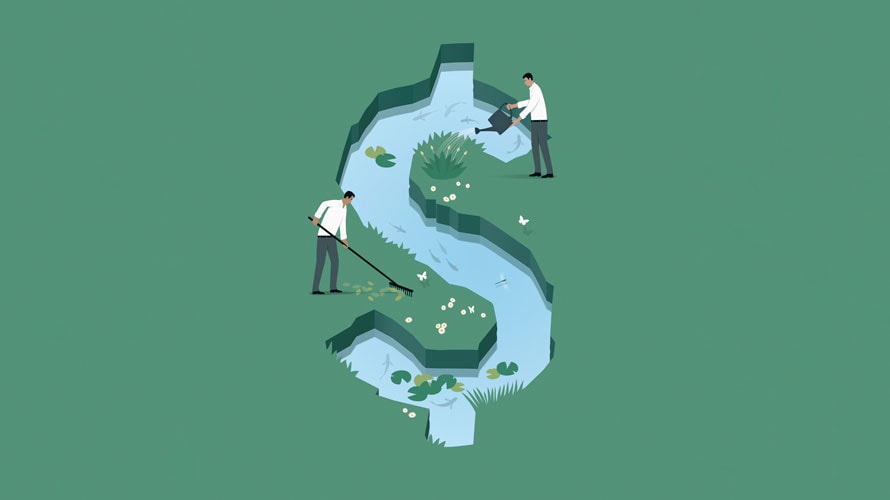 spending-environment-CONTENT-2019 A dollar sign is carved into the grass and filled with water; two people are seen maintaining the dollar sign with their rakes