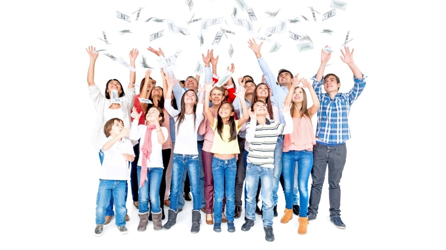Group of people grabbing money falling down – isolated