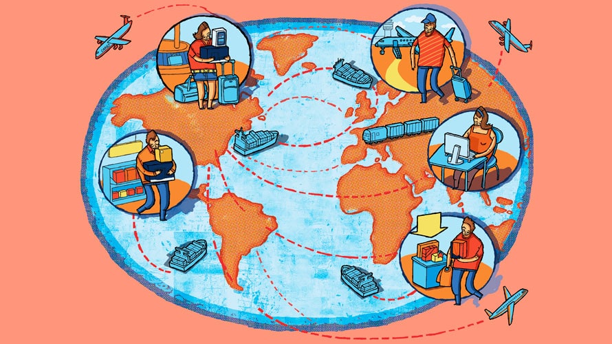 dtc-grow-business-CONTENT-2019 A picture of the globe; on each continent there are people traveling by various means of transportation