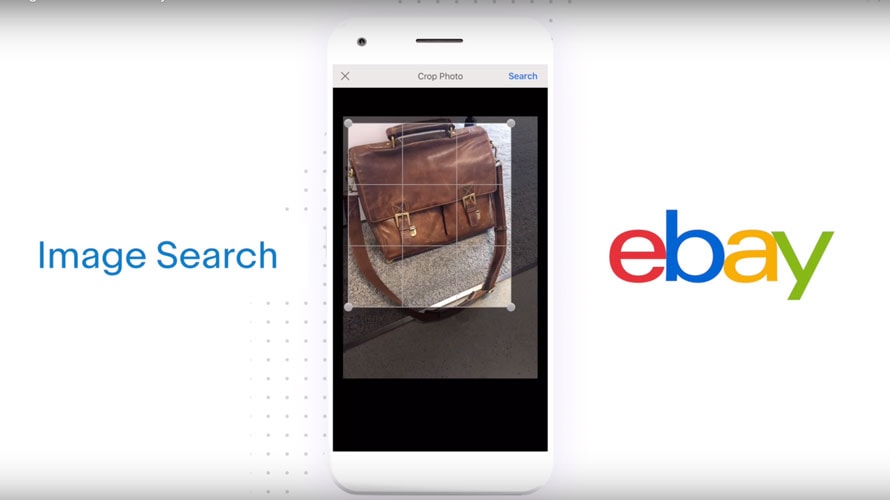 image-search-CONTENT-2019 There is a phone with a picture of a briefcase; on the left side it says 'image search' and on the right there is the ebay logo