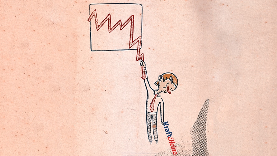 kraftheinz-responsibility-CONTENT-2019 a pink background; a line graph is drawn in the middle of the background; a cartoon character hangs from the corner of the graph; from the persons other hand hangs the Kraft Heinz logo