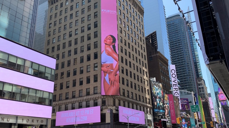 kylie-campaign-board-CONTENT-2019 An ad featuring Kylie Jenner is shown in New York's Times Square.