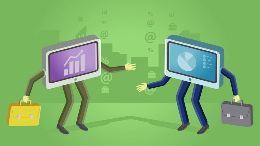 person-digital-interaction-CONTENT-2019 Two people going to shake hands; they each carry a briefcase; there body's are computer screens