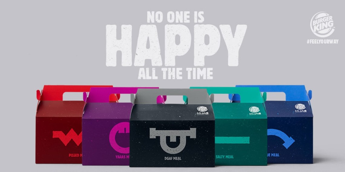 different colored Burger King Boxes are lined up; The top of the image says "No one is Happy All the Time"