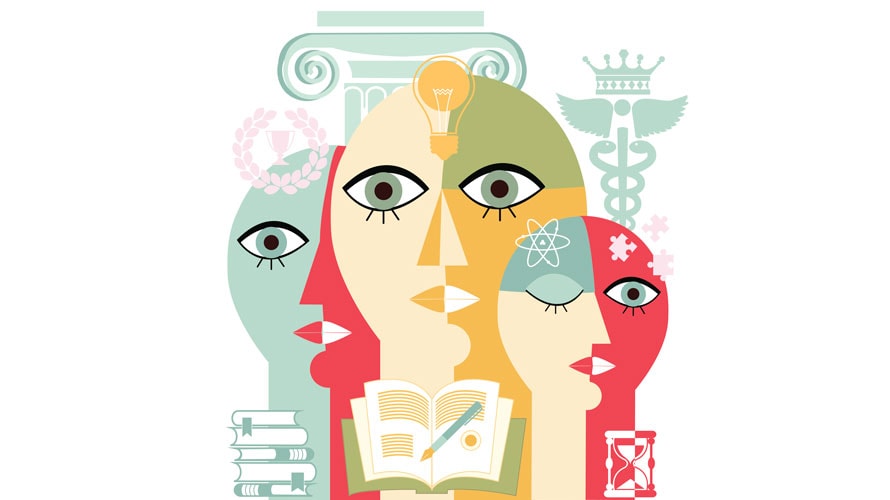 basic-plot-storytelling-CONTENT-2019 three unique faces; all the faces are two toned; books in the middle at the bottom of the illustration; a stack of book at the bottom right of the picture; a hour glass is at the bottom right of the drawing