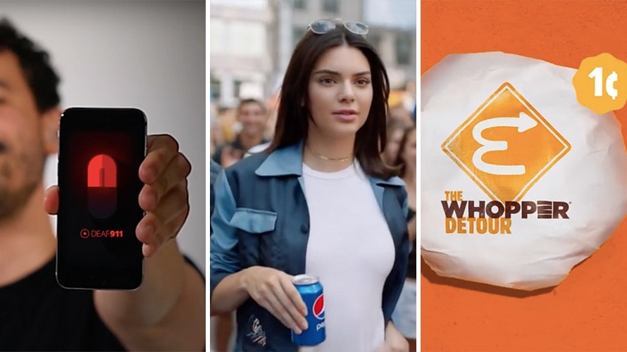 big-cannes-takeaway-CONTENT-2019 Three images: On the left a person is seen holding up a phone; in the middle Kendall Jenner is holding a can of Pepsi; on the right is a picture of a Whopper wrapper that says "The Whopper Detour."