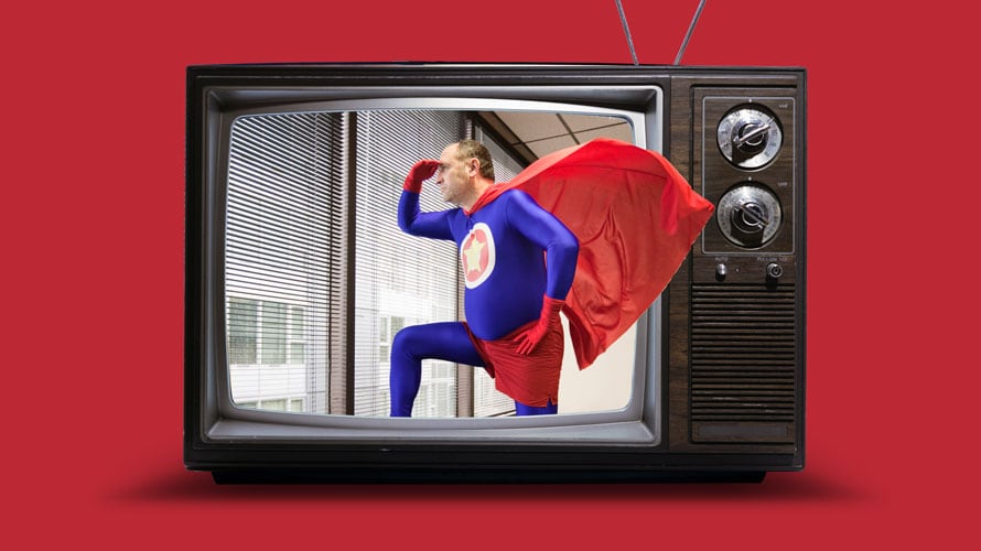 brands-need-to-stop-CONTENT-2019 A vintage television set is against a red background; on the Tv is a middle aged superhero looking out the blinds of a building