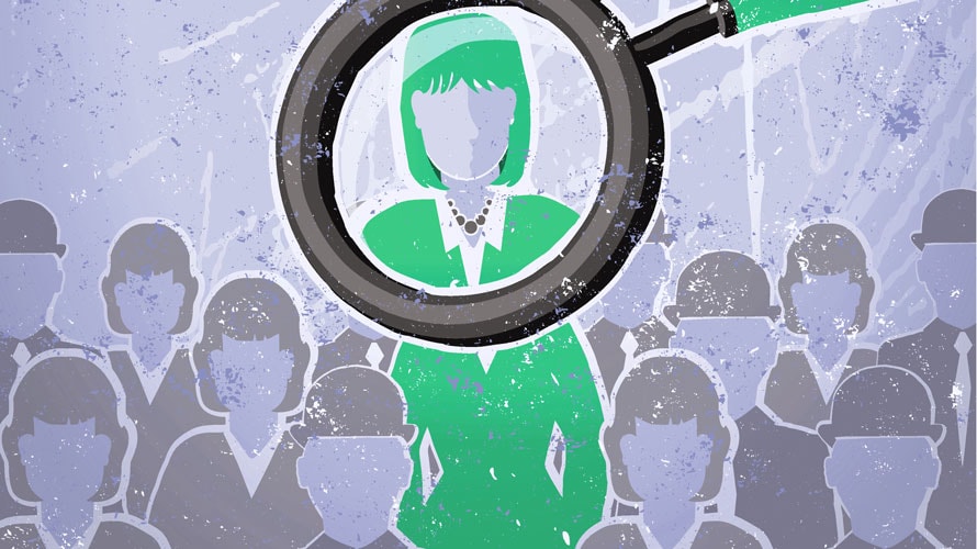 focus-talent-CONTENT-2019 A group of people in grey; one person in green; a magnifying glass scoping in on the green person
