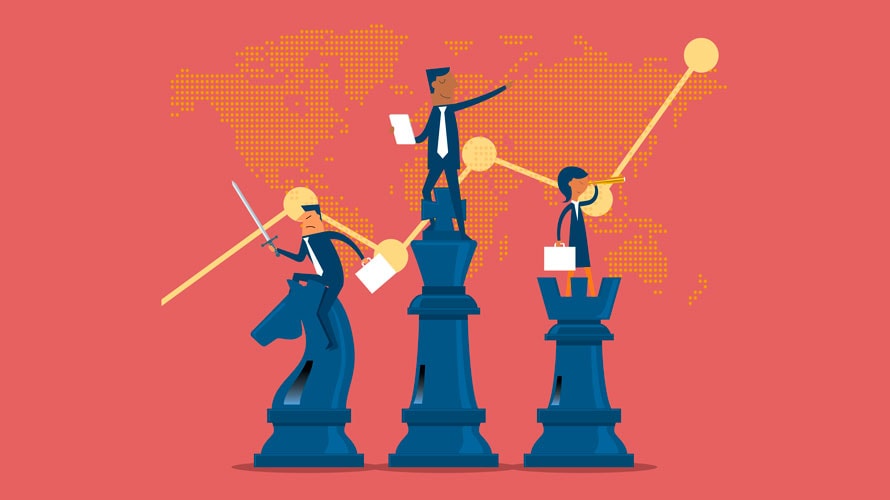 hiring-strategies-CONTENT-2019 Three characters stand at different heights on chess pieces; they are all connected by a line graph