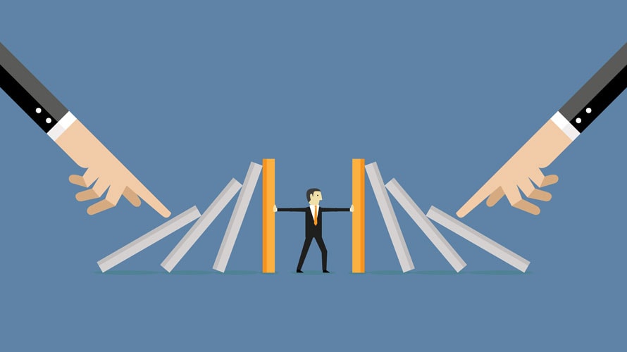 small-disruptor-survive-CONTENT-2019 A small man trying to push up falling pillars; the pillars are being pushed down by two hands on each side of the background