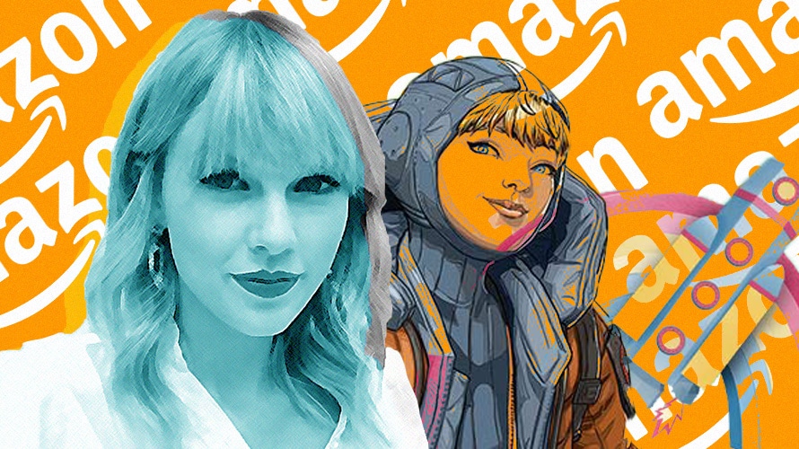 amazon-prime-young-CONTENT-2019 A composite illustration of Taylor Swift in cyan, an illustration of a female video game character, and a rocket ship on an orange background with a collage of Amazon logos in white