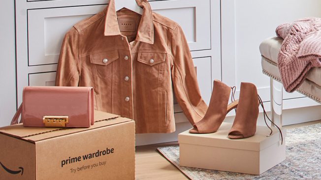 amazon-pushes-fashion-CONTENT-2019 Amazon fashion set on the floor, amazon box, purse, jacket, heels