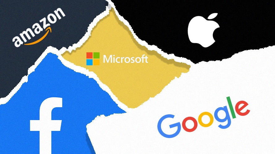 bigtech-break-copy Logos of Amazon, Facebook, Apple, Microsoft and Google stitched together.