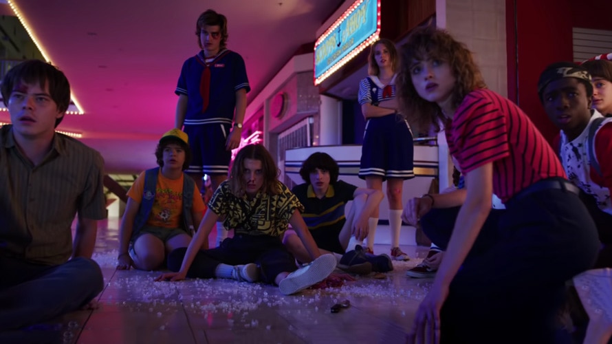 brands-throwbacks-CONTENT-2019 A shot of characters from Stranger Things Season 3 in a mall.