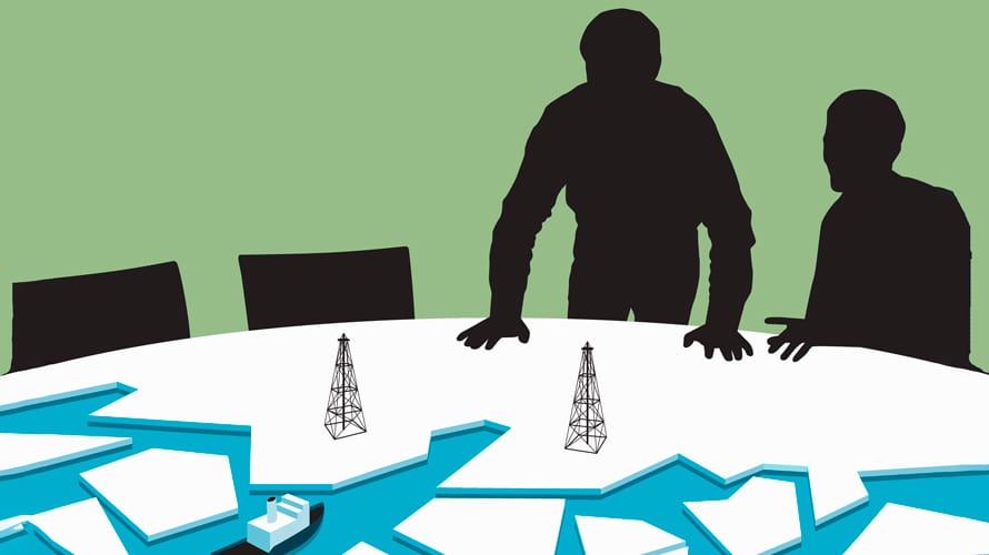 climate-change-discussion-CONTENT-2019 Silhouettes over a table depicting climate change of ice breaking away and melting