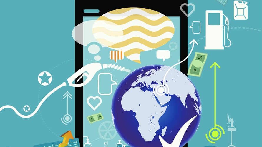 environmental-brand-CONTENT-2019 A collage illustration of gas, earth, money, arrows, text bubbles, phone, depicting the environment