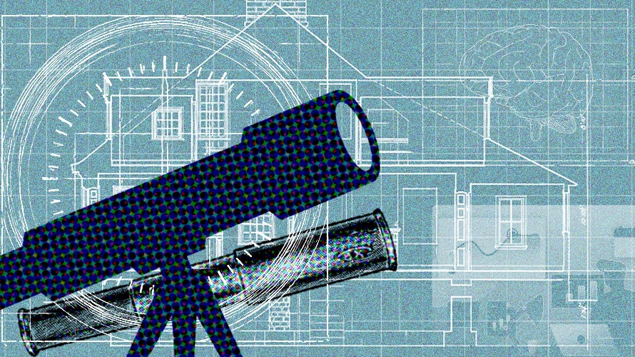 in-house-change-industry-CONTENT-2019 Illustrated blue telescope on blue background.