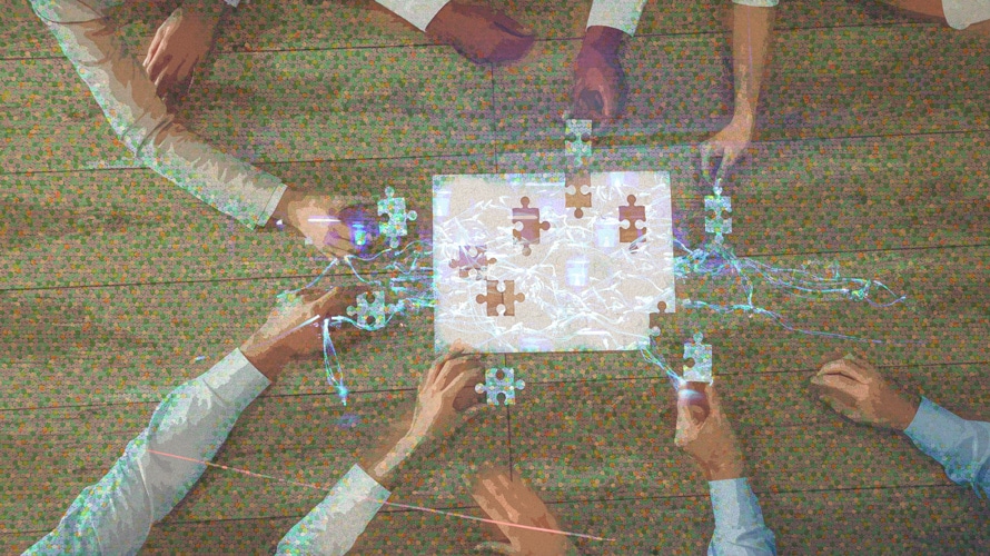 questions-tech-partner-CONTENT-2019 Puzzle in the center; Ten hands placing pieces into the unfinished puzzle
