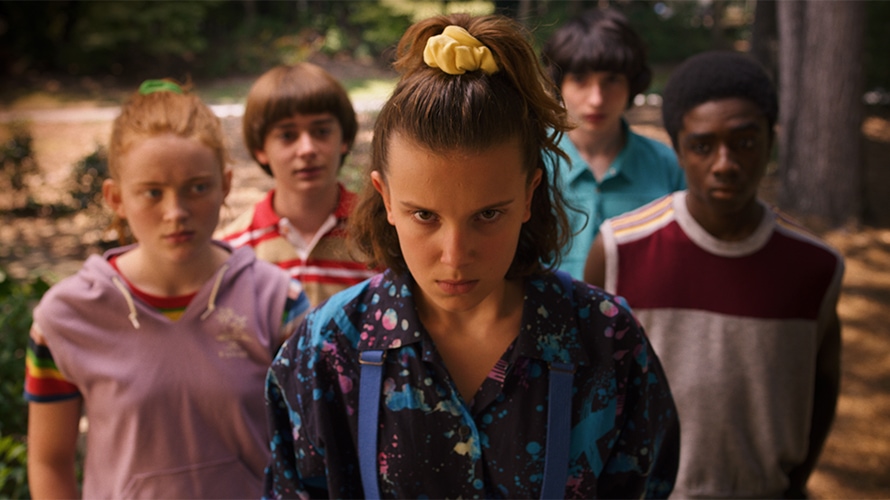 stranger-things-s03-netflix-content-2019 Stranger Things Season 3 actors Sadie Sink, Noah Schnapp, Millie Bobby Brown, Finn Wolfhard, and Caleb McLaughlin