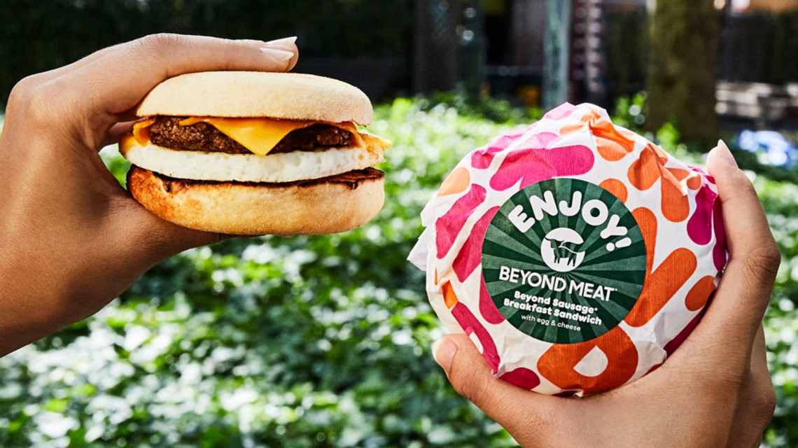 Beyond-Sausage-Breakfast-Sandwich-Lifestyle Two faux meat sandwiches from Dunkin
