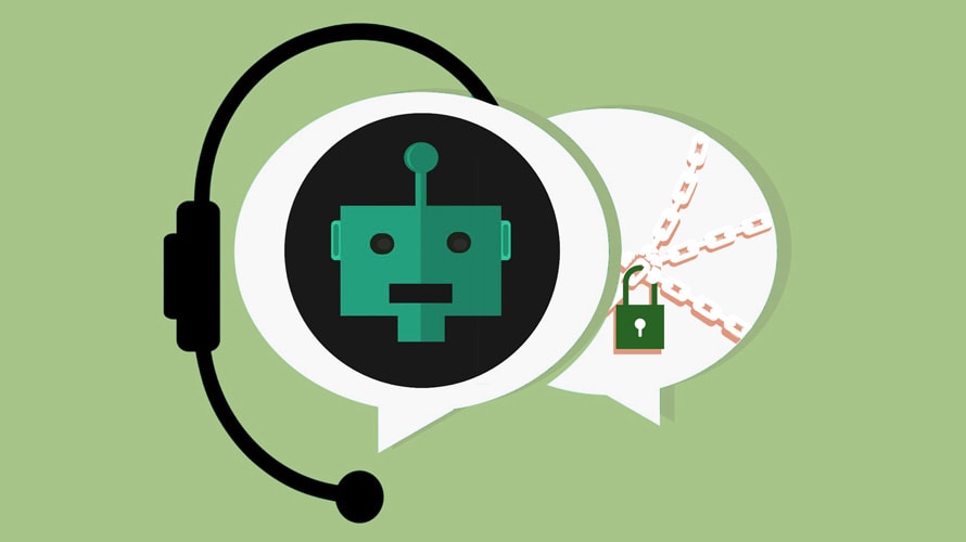 chatbots-data-privacy-CONTENT-2019 Bot in a chat bubble with a microphone next to a chained and locked chat bubble